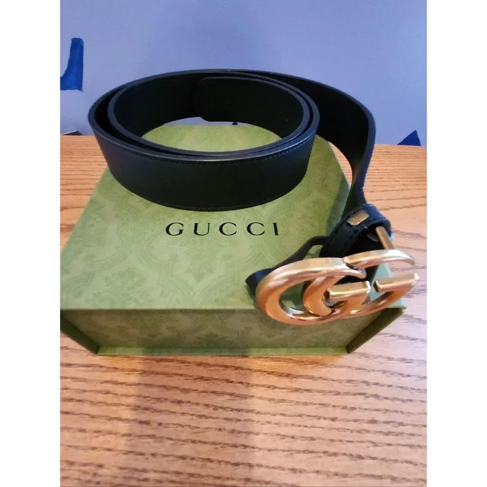 Gucci Black Leather Belt with Gold Double G Buckle